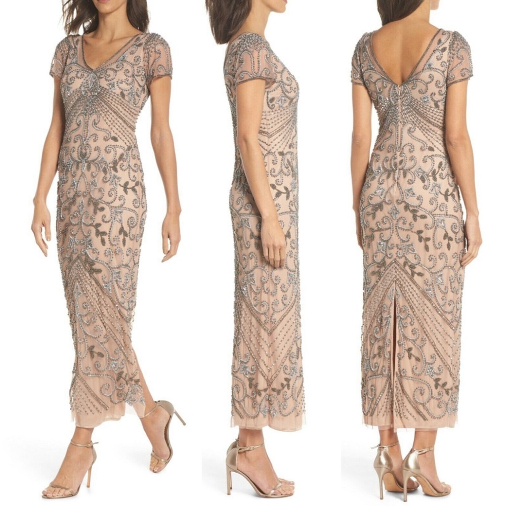 Pizarro Nights Elegant Beaded Evening Dress in Nude and Gray in size 6